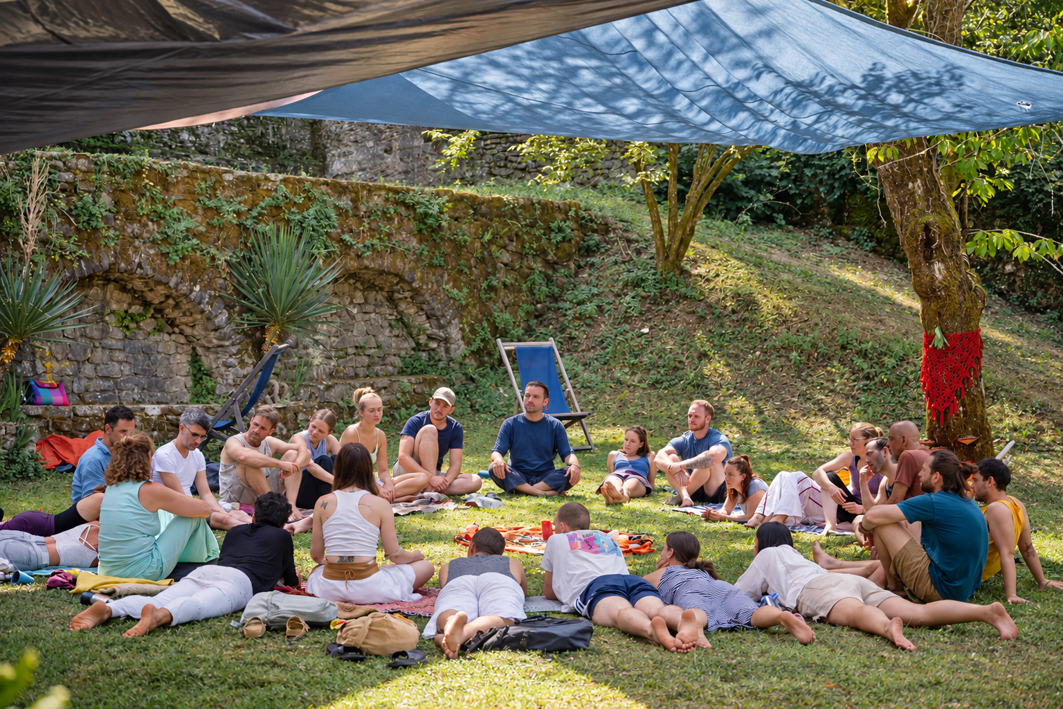 Menschen sitzen in einem Kreis im Garten des Il Convento.
